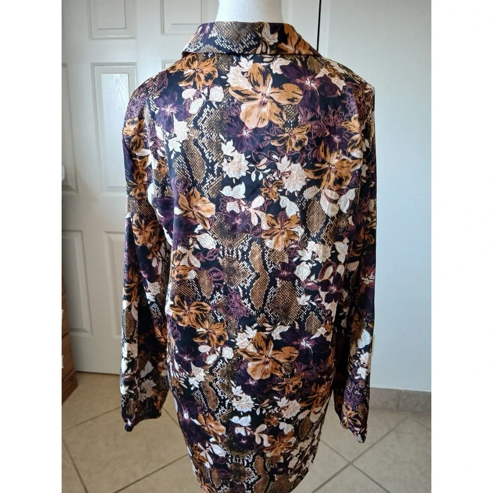 Marc New‎ York Women's Blouse Tunic Brown & Purple Floral Long Sleeve Bohemian